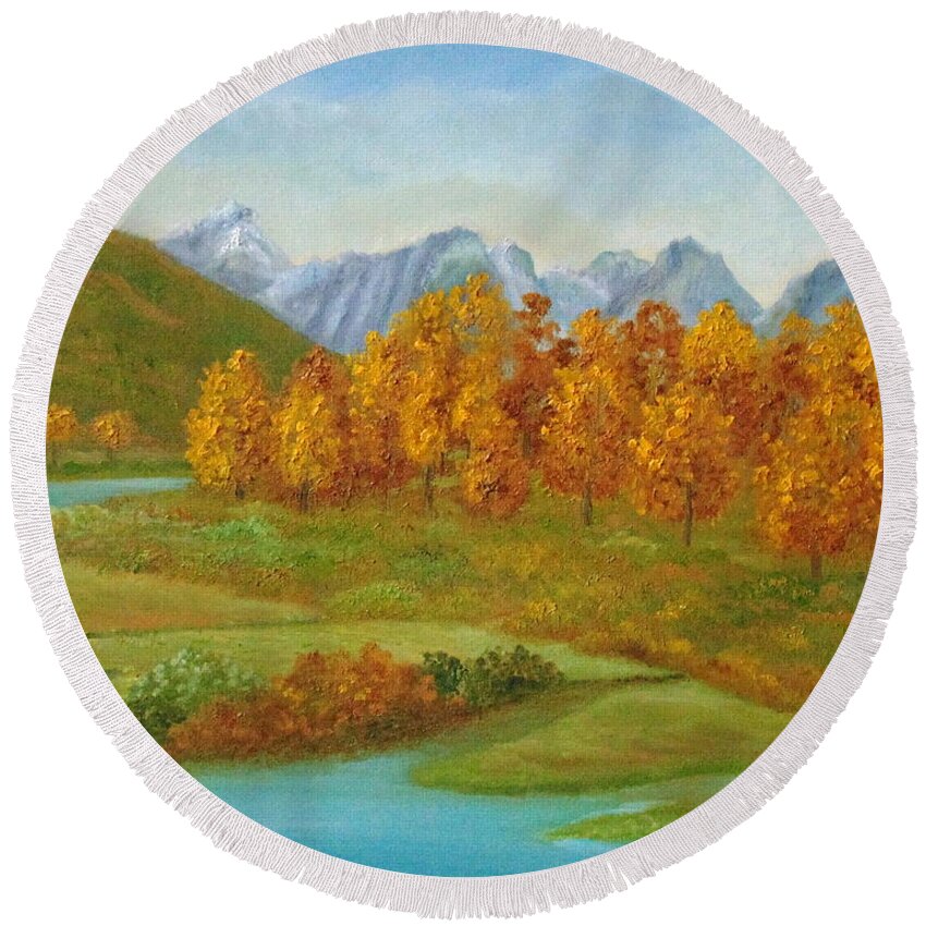 Autumn Round Beach Towel featuring the painting Autumnal Colors by Angeles M Pomata