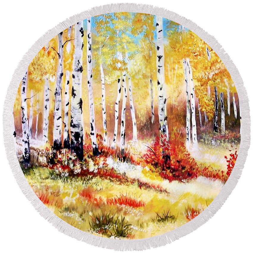 Aspen Round Beach Towel featuring the painting Autumns Gold by Leslie Allen