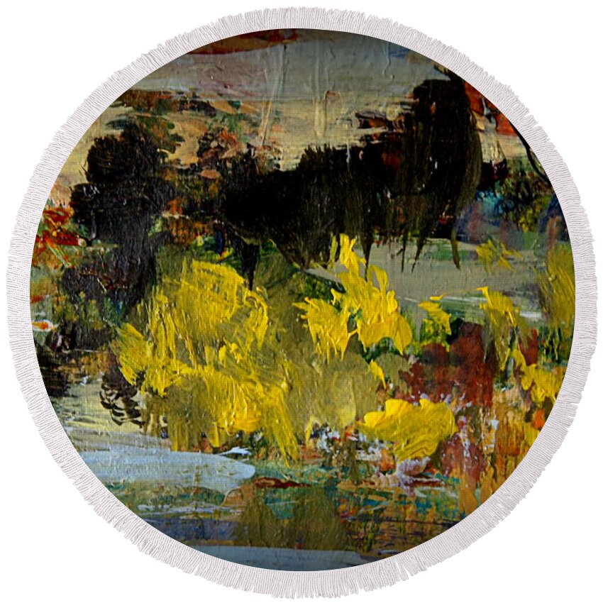 Abstract Landscape Painting In Acrylic And Gouache Round Beach Towel featuring the painting Autumn's Last Days by Nancy Kane Chapman