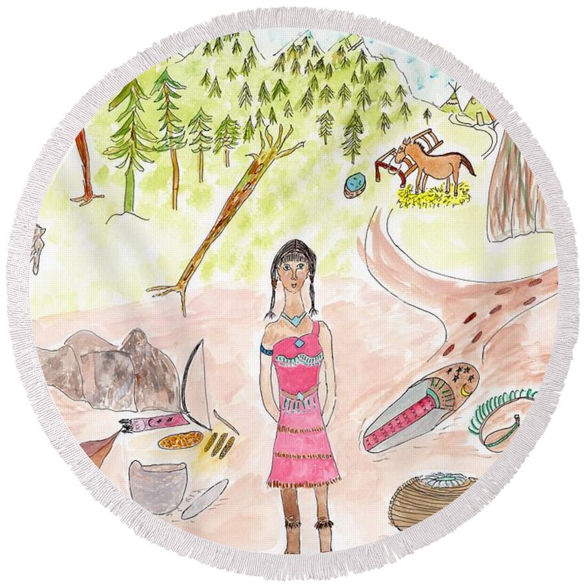 Cree Round Beach Towel featuring the painting Awaiting by Helen Holden-Gladsky