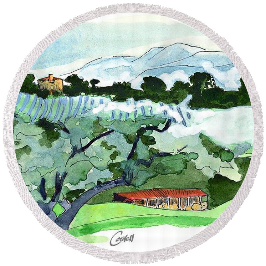 Italian Landscape Round Beach Towel featuring the painting Azienda Montoro Southern Umbria by Joan Cordell