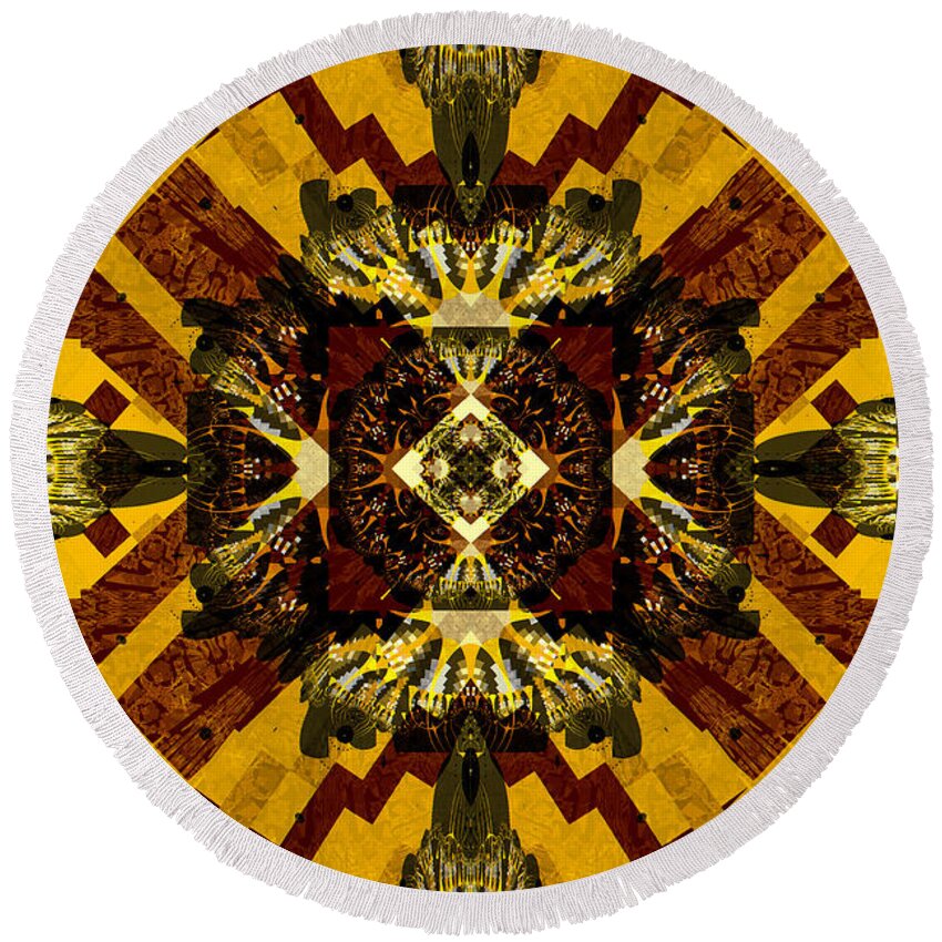 Abstract Round Beach Towel featuring the digital art Aztec Temple by Jim Pavelle