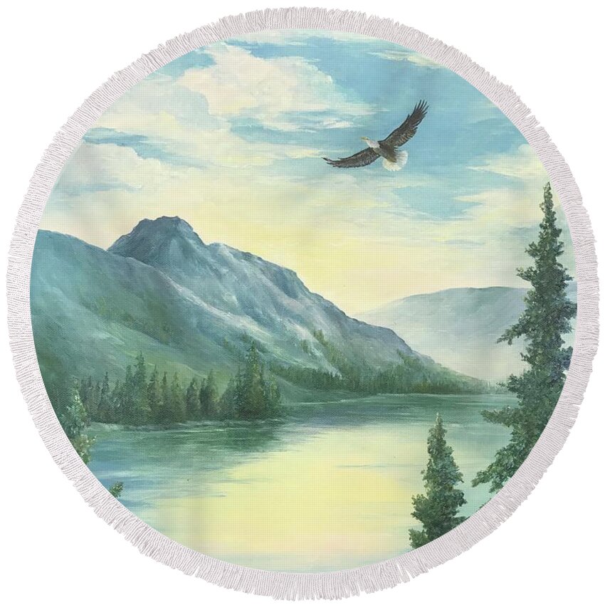 Eagle Round Beach Towel featuring the painting Azure Blue Sky by ML McCormick