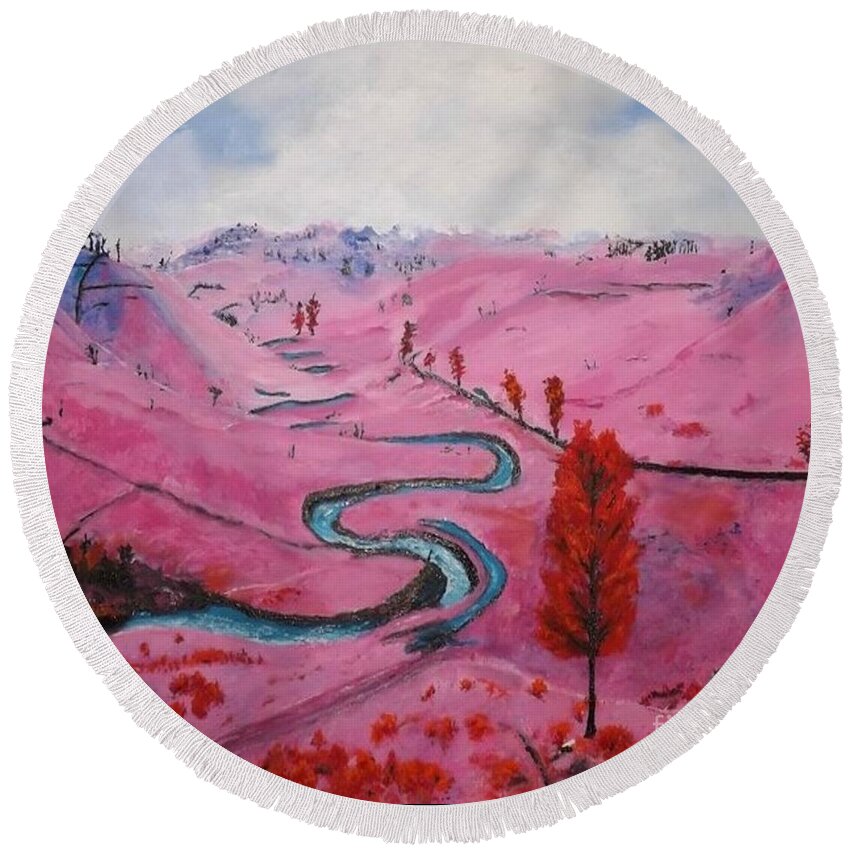 Landscape Round Beach Towel featuring the painting Azure River by Denise Morgan