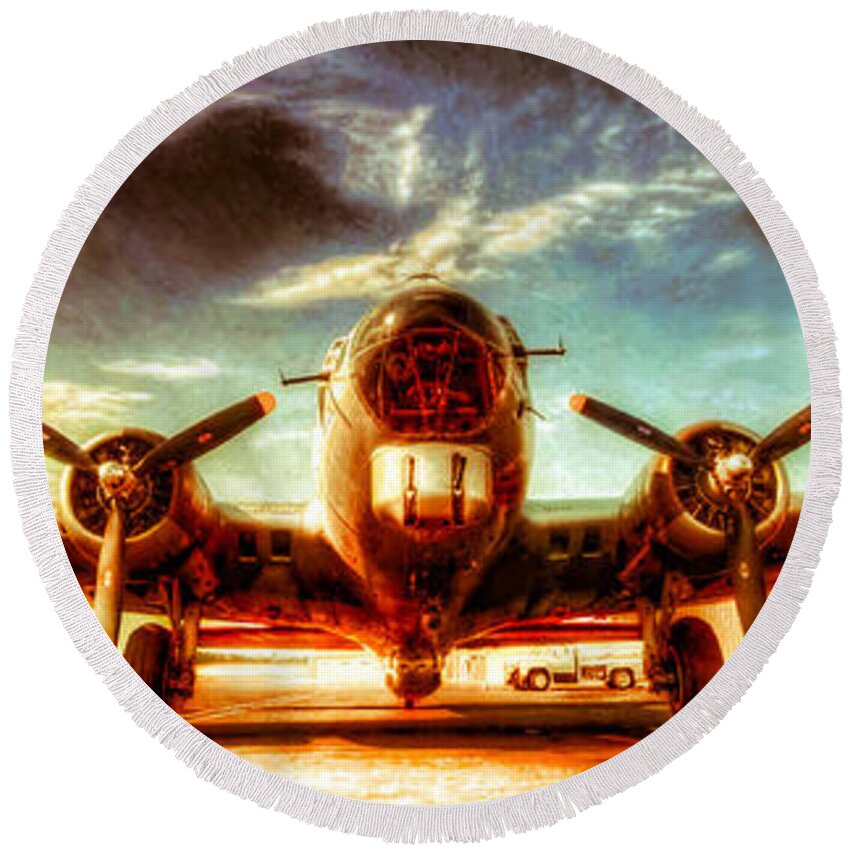 Airborne Round Beach Towel featuring the photograph B-17 Aluminum Overcast by Rod Melotte