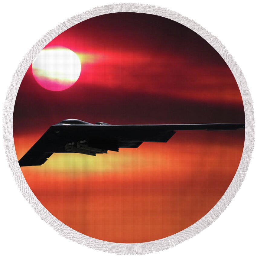 B-2 Stealth Bomber Round Beach Towel featuring the mixed media B-2 Stealth Bomber in the Sunset by Erik Simonsen