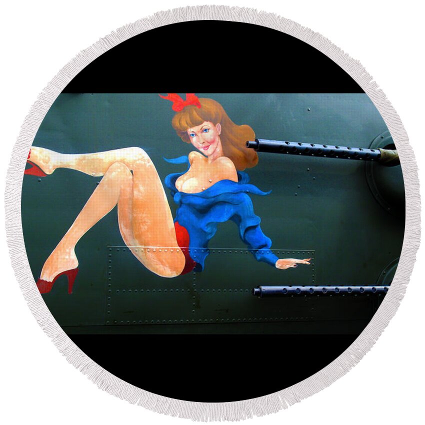 show Me Plane Art Round Beach Towel featuring the photograph Babe on WWII Bomber the SHOW ME by Kathy Barney
