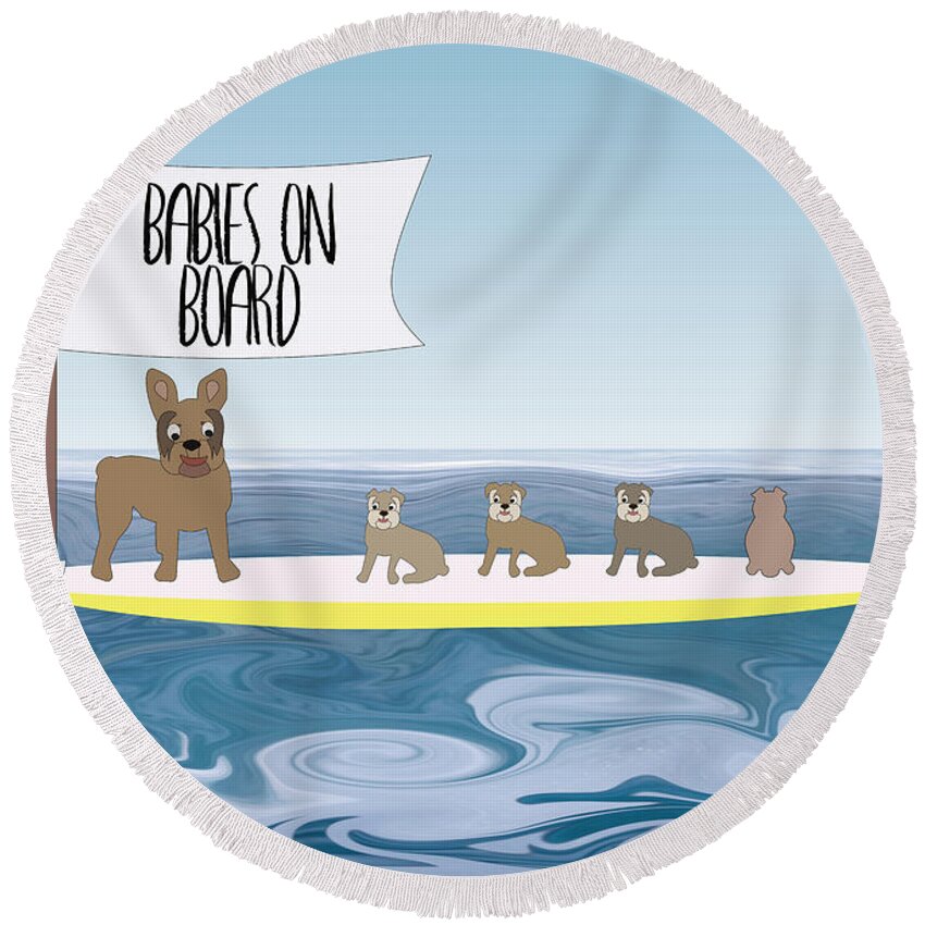 Mom Round Beach Towel featuring the digital art French Bulldog Babies on Board - on SUP by Barefoot Bodeez Art