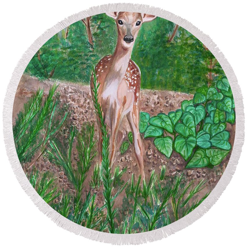 Deer Round Beach Towel featuring the painting Baby Deer by Patty Vicknair
