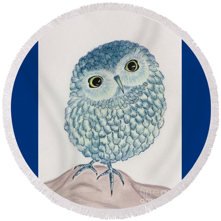 Owl Round Beach Towel featuring the pastel Baby owl by Natalia Wallwork