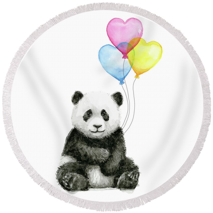 Baby Panda Round Beach Towel featuring the painting Baby Panda with Heart-Shaped Balloons by Olga Shvartsur