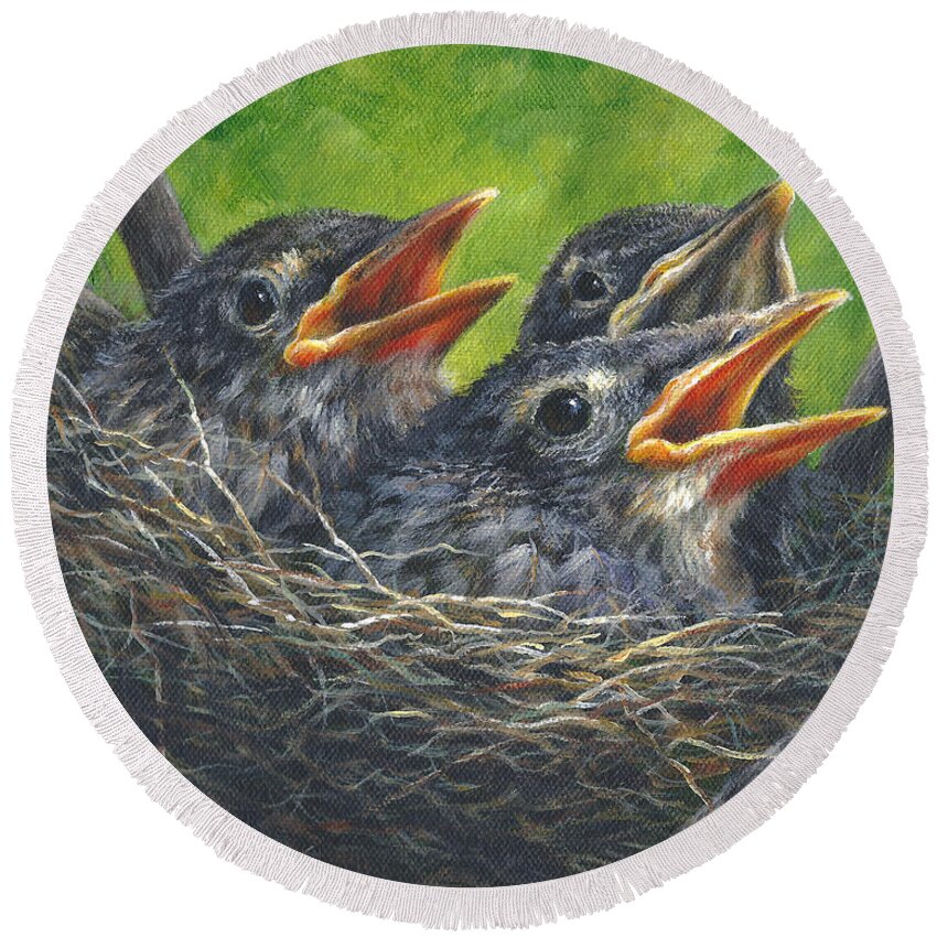 Baby Robins Round Beach Towel featuring the painting Baby Robins by Kim Lockman