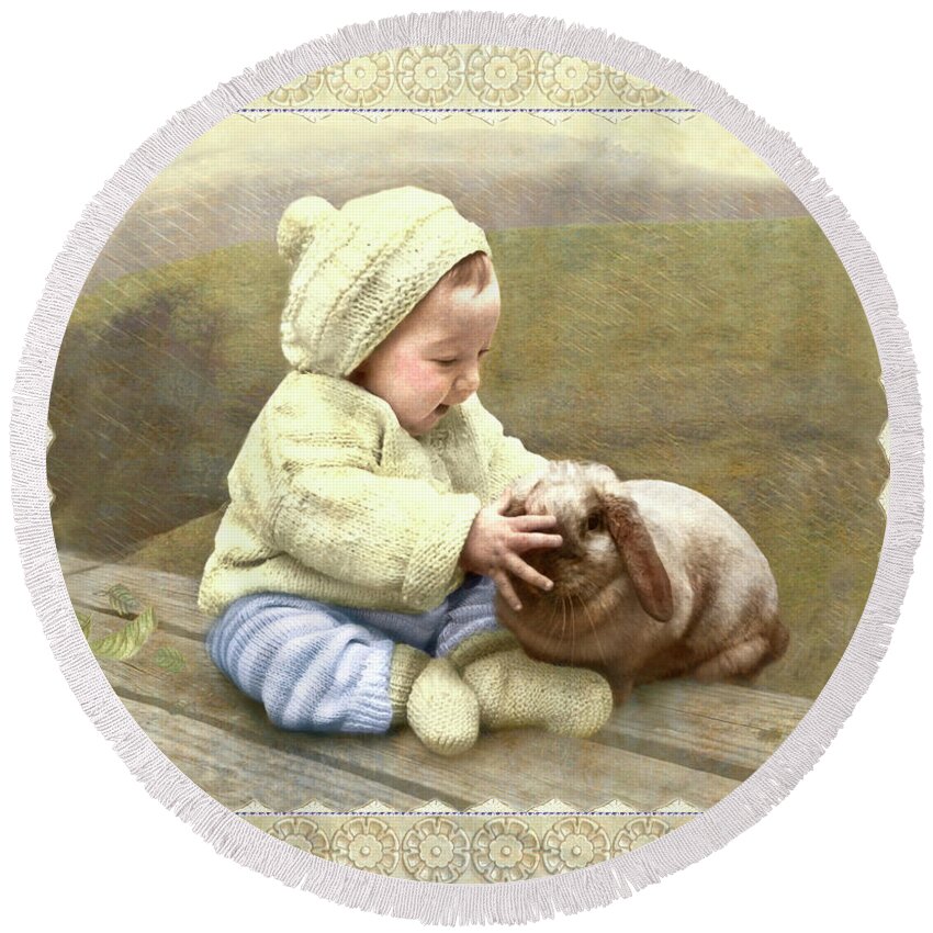  Round Beach Towel featuring the photograph Baby touches Bunny's Nose by Adele Aron Greenspun
