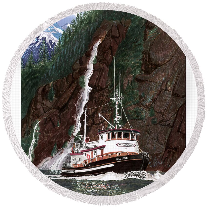 A 60 Foot Tugboat Converted To A Bunk & Breakfast Round Beach Towel featuring the painting BACCUS Yacht Tug by Jack Pumphrey