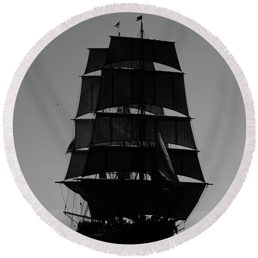 Black And White Round Beach Towel featuring the photograph Back lit Tall Ship by David Shuler