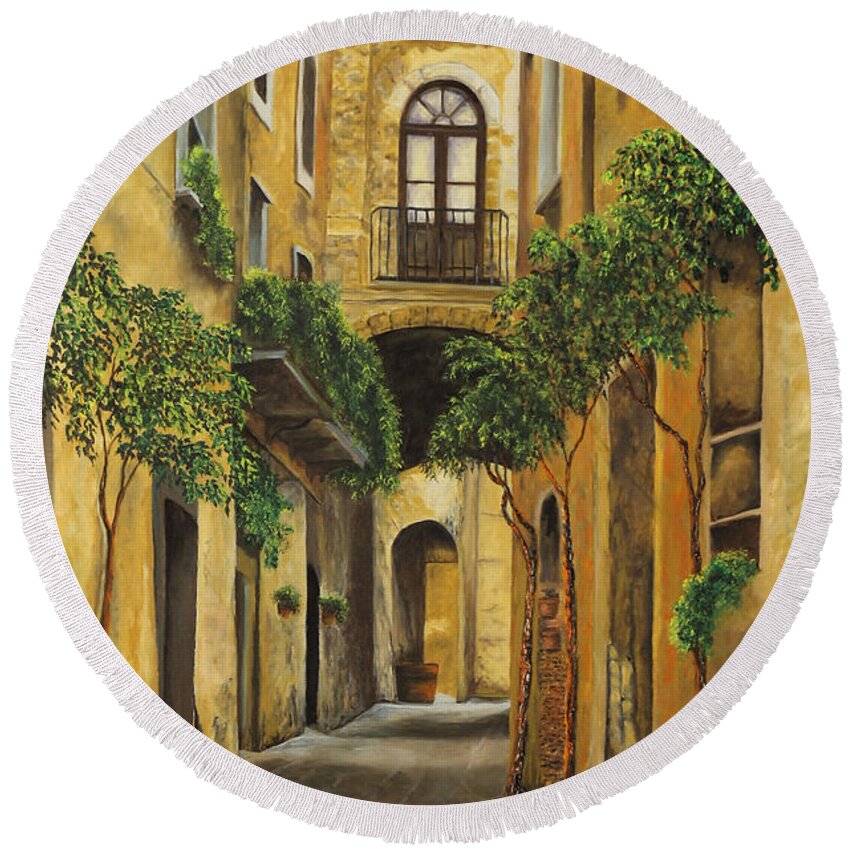 Italy Paintings Round Beach Towel featuring the painting Back Street in Italy by Charlotte Blanchard