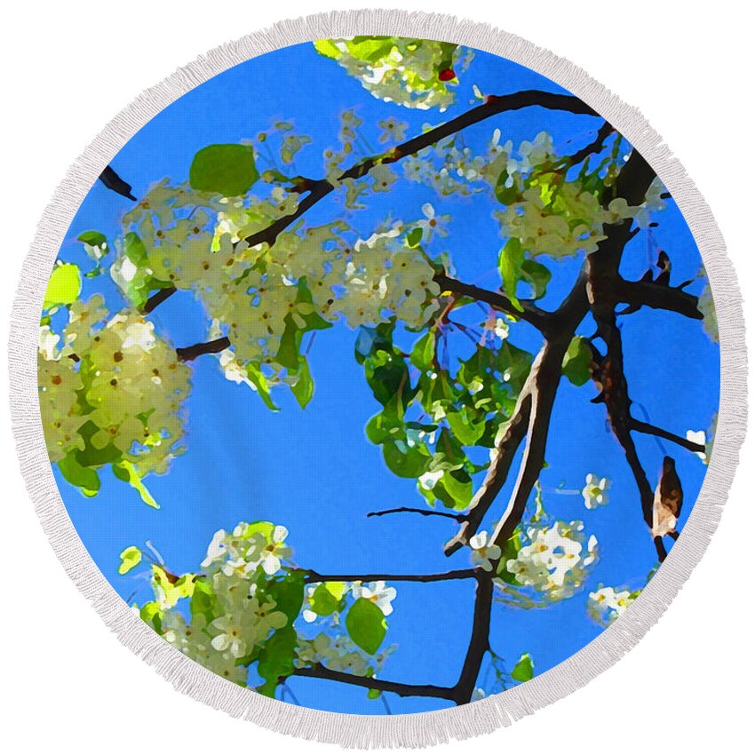  Tree Blossoms Round Beach Towel featuring the painting Backlit White Tree Blossoms by Amy Vangsgard