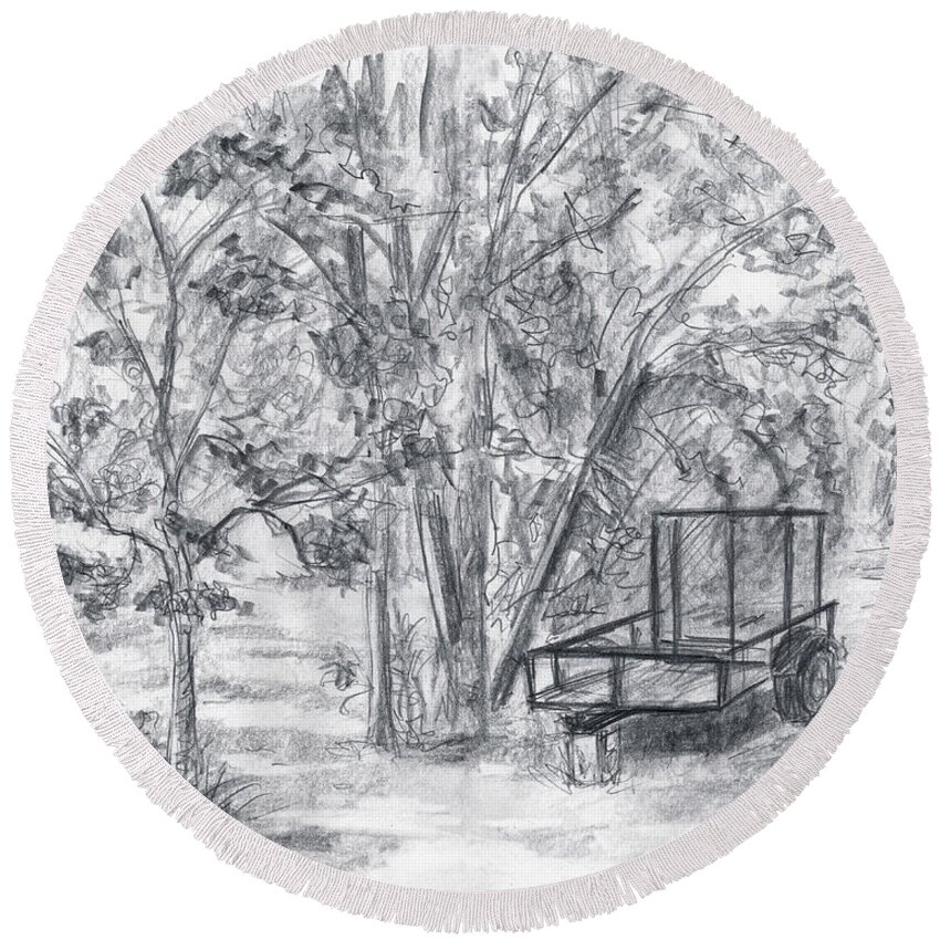 Drawing Round Beach Towel featuring the drawing Backyard by Brandy Woods