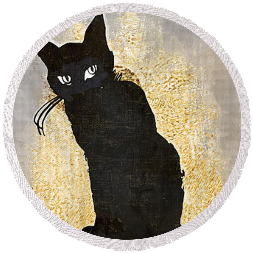 Halloween Round Beach Towel featuring the painting Bad Cat Halloween by Mindy Sommers