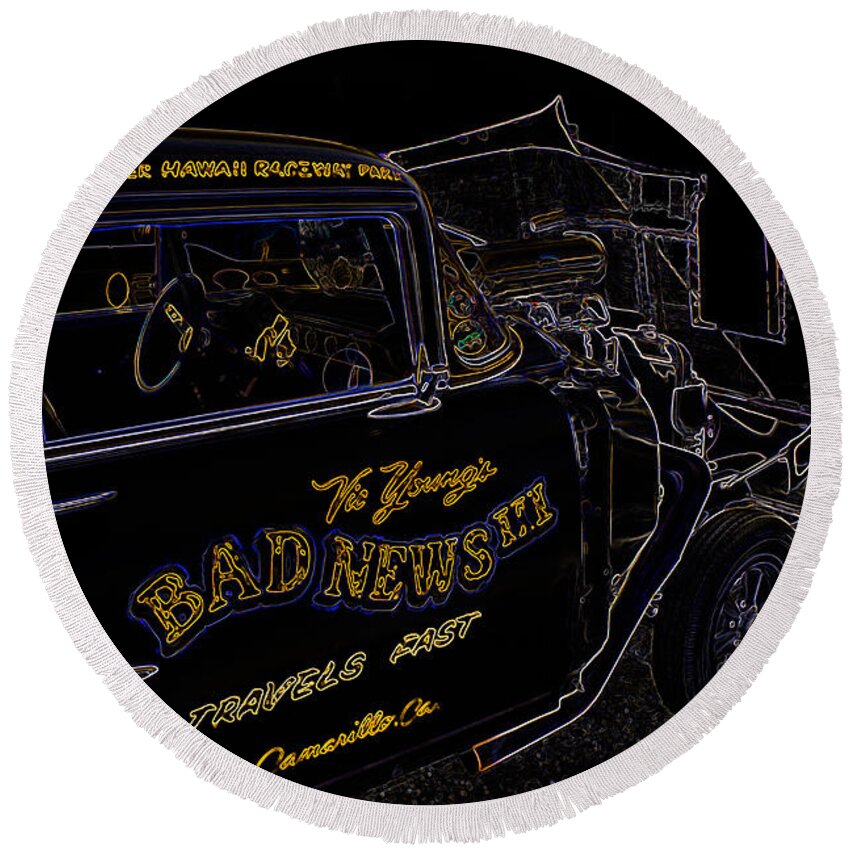 Chevy Round Beach Towel featuring the digital art Bad News Travels Fast by Darrell Foster