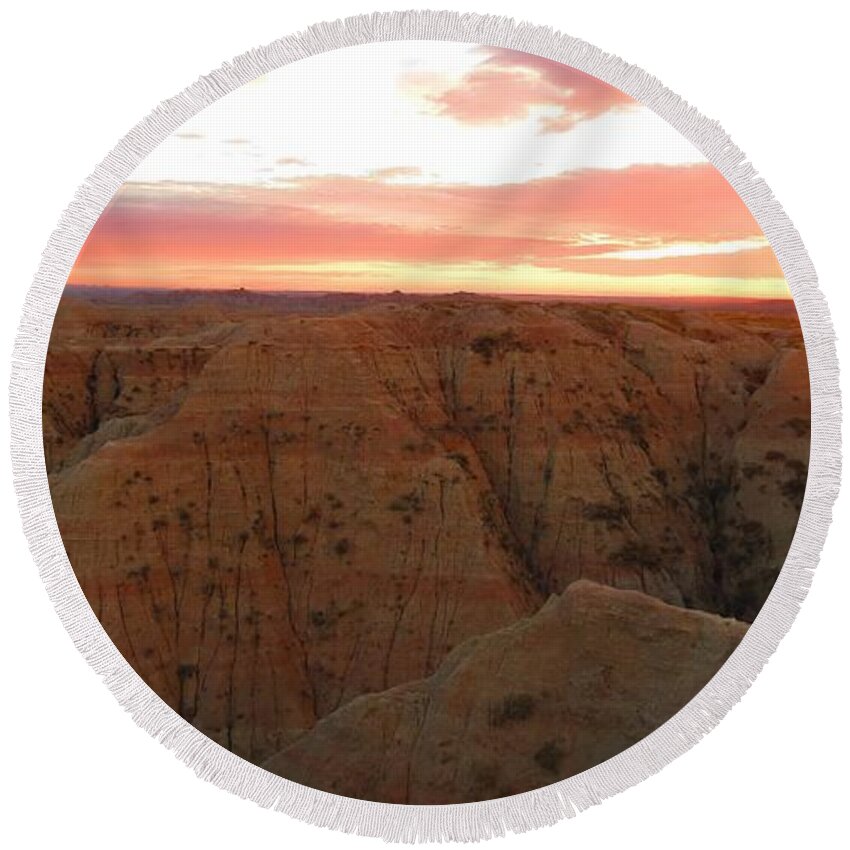 Badlands National Park Round Beach Towel featuring the photograph Badlands Glowing by Connor Ehlers