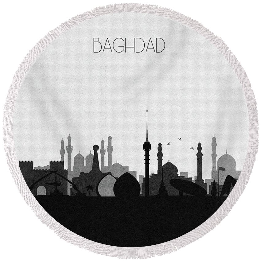 Baghdad Round Beach Towel featuring the mixed media Baghdad Cityscape by Inspirowl Design