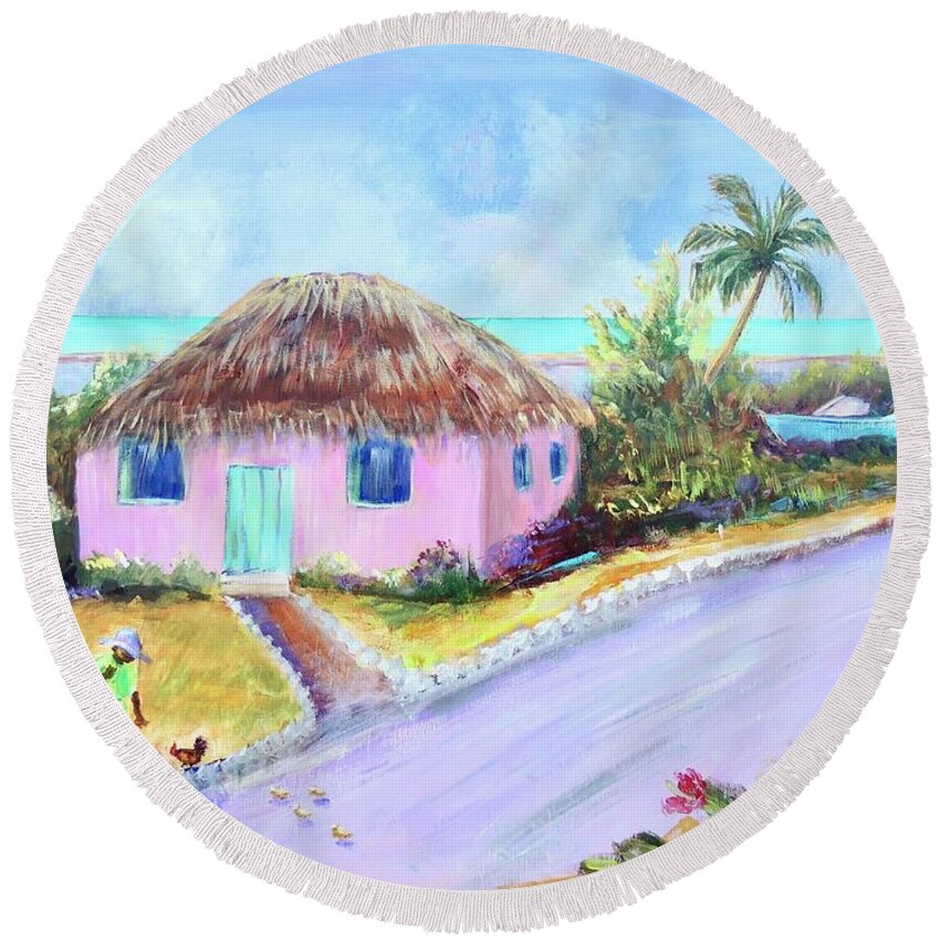 Bahamian Painting Round Beach Towel featuring the painting Bahamian Island Shack by Patricia Piffath