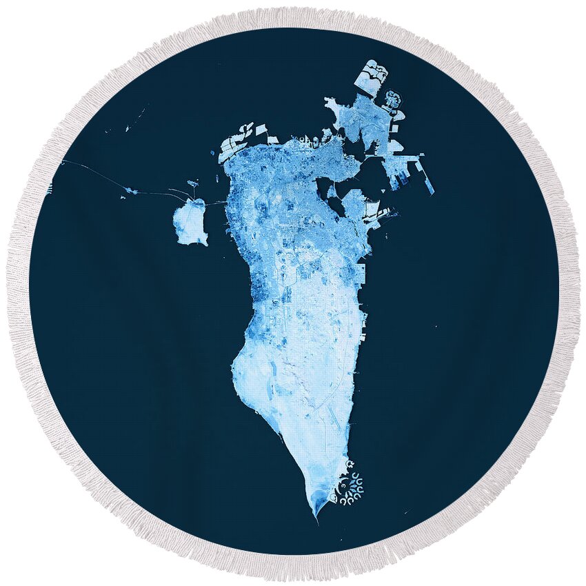 Bahrain Round Beach Towel featuring the digital art Bahrain Topographic Map Blue Color Top View by Frank Ramspott