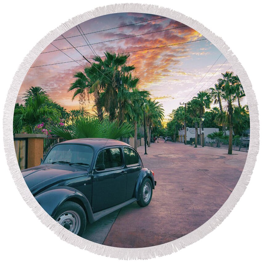 Beetle Round Beach Towel featuring the photograph Baja Beetle by Becqi Sherman