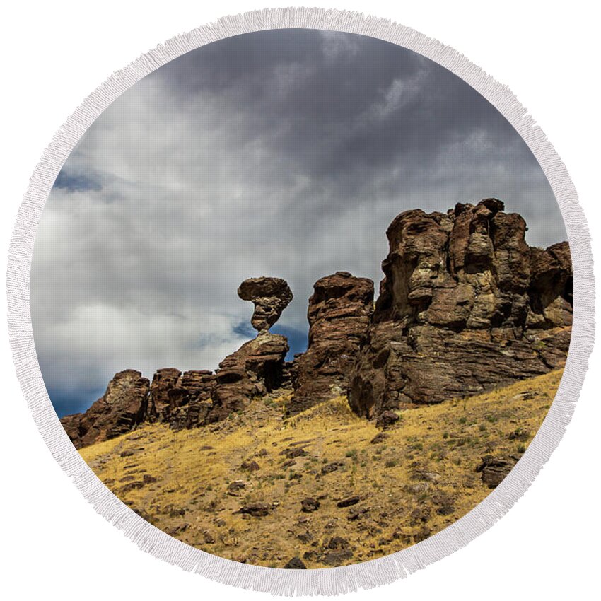 Castleford Round Beach Towel featuring the photograph Balanced Rock Adventure Photography by Kaylyn Franks by Kaylyn Franks