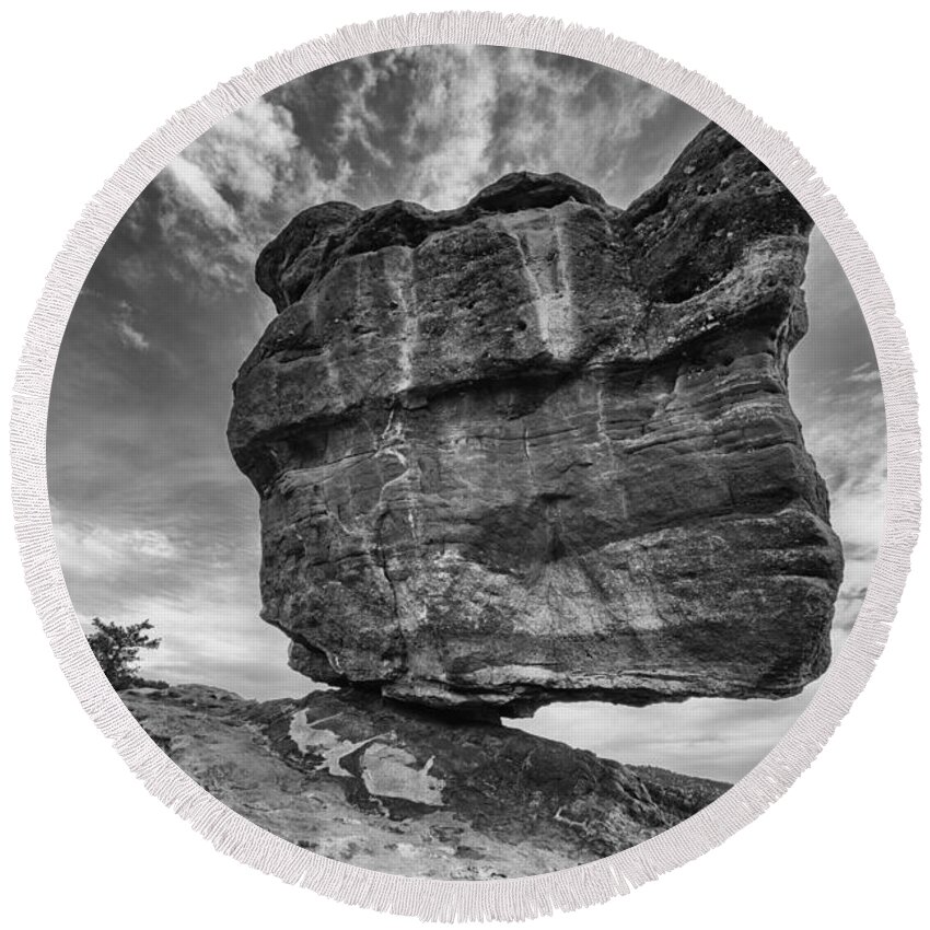 Sky Round Beach Towel featuring the photograph Balanced Rock Monochrome by Darren White