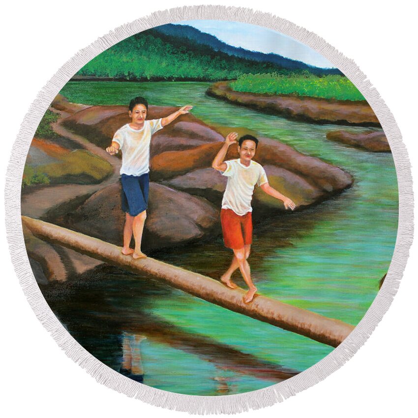 Balance Round Beach Towel featuring the painting Balancing Life Through a Straight and Narrow Path by Cyril Maza