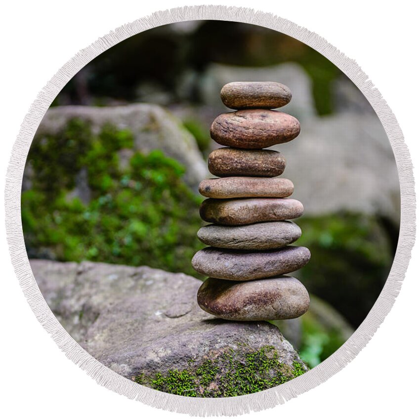Zen Stones Round Beach Towel featuring the photograph Balancing Zen Stones by Marco Oliveira