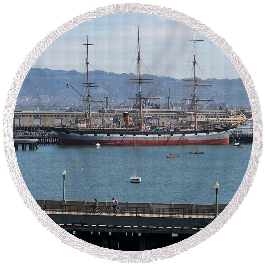 San Francisco Round Beach Towel featuring the photograph Balclutha Cargo Ship At Hyde Street Pier San Francisco California DSC3180 by Wingsdomain Art and Photography
