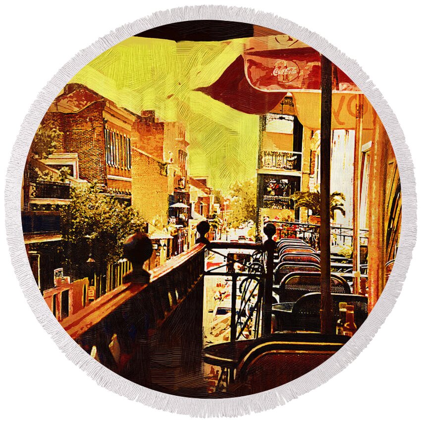 New-orleans Round Beach Towel featuring the digital art Balcony Cafe by Kirt Tisdale