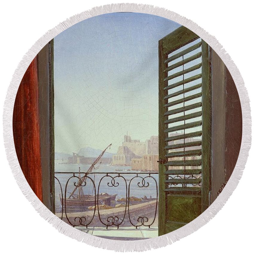 Balcony Room With A View Of The Bay Of Naples  By Carl Gustav Carus Round Beach Towel featuring the painting Balcony Room with a View of the Bay of Naples by Carl Gustav
