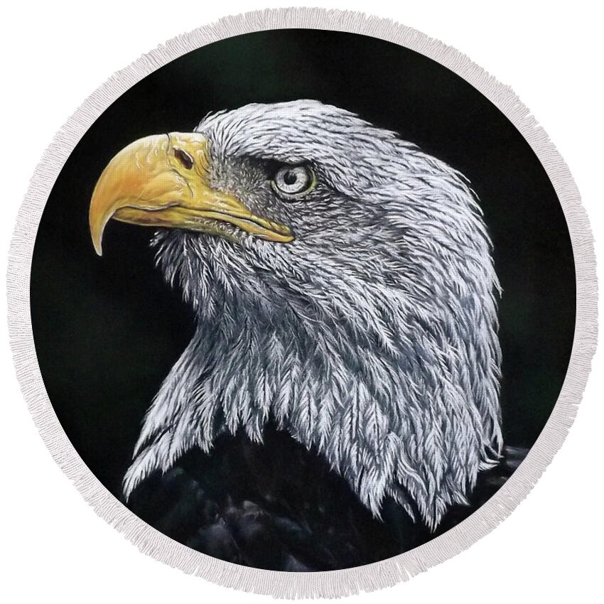 Bald Eagle Round Beach Towel featuring the pastel Bald Eagle by Linda Becker