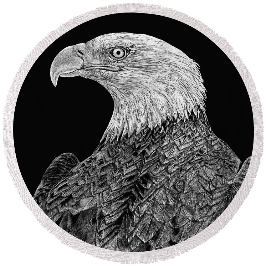 Bald Eagle Round Beach Towel featuring the drawing Bald Eagle Scratchboard by Shevin Childers