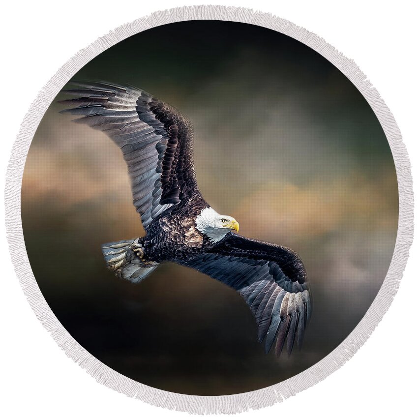 Bald Eagle Round Beach Towel featuring the photograph Bald Eagle With Clouds by Paul Freidlund