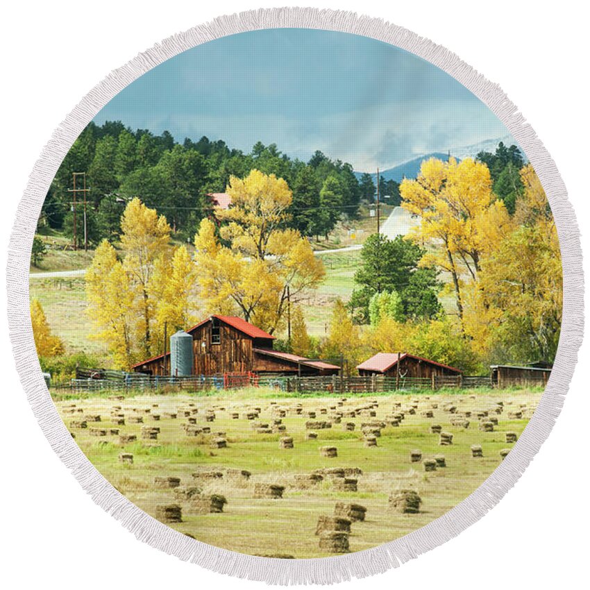 Gold Round Beach Towel featuring the photograph Bales and Aspen by Marilyn Hunt