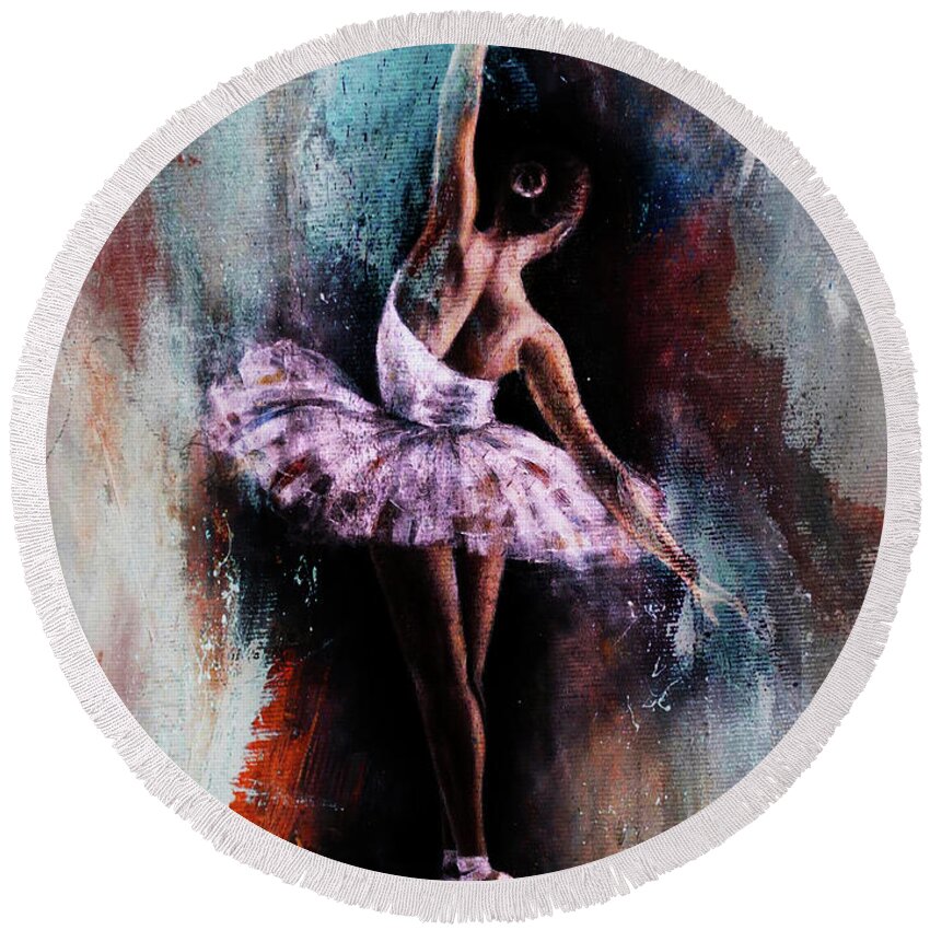 Ballerina Round Beach Towel featuring the painting Ballerina Dance art 10087 by Gull G