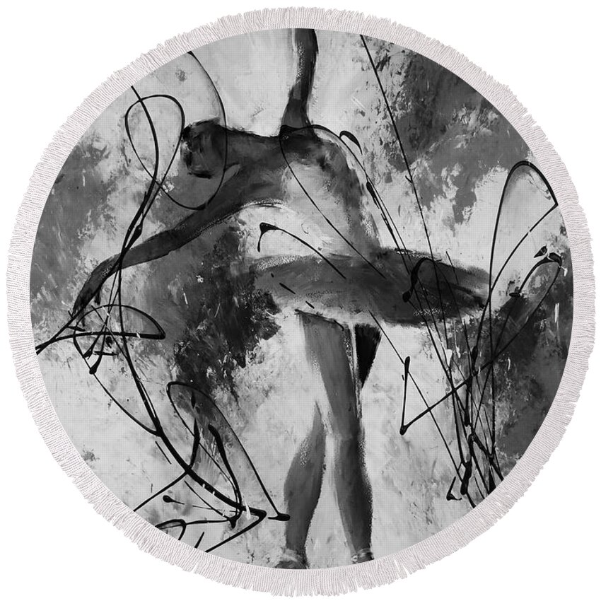 Ballerina Round Beach Towel featuring the painting Ballerina dance Black and White by Gull G