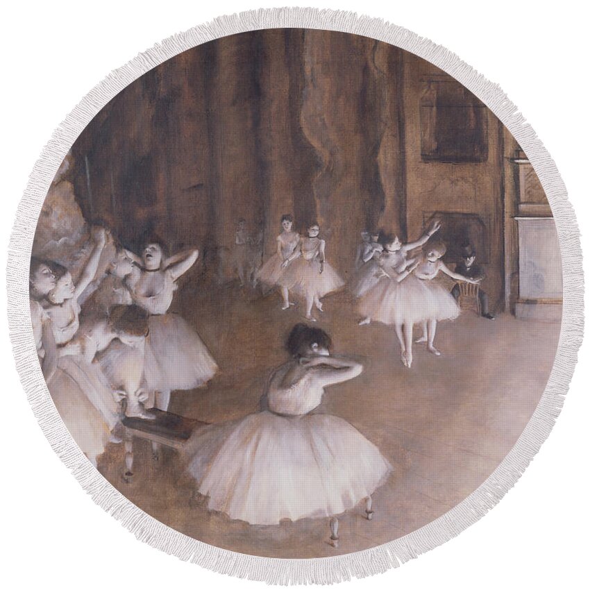 Ballet Rehearsal On The Stage Round Beach Towel featuring the painting Ballet Rehearsal on the Stage by Edgar Degas