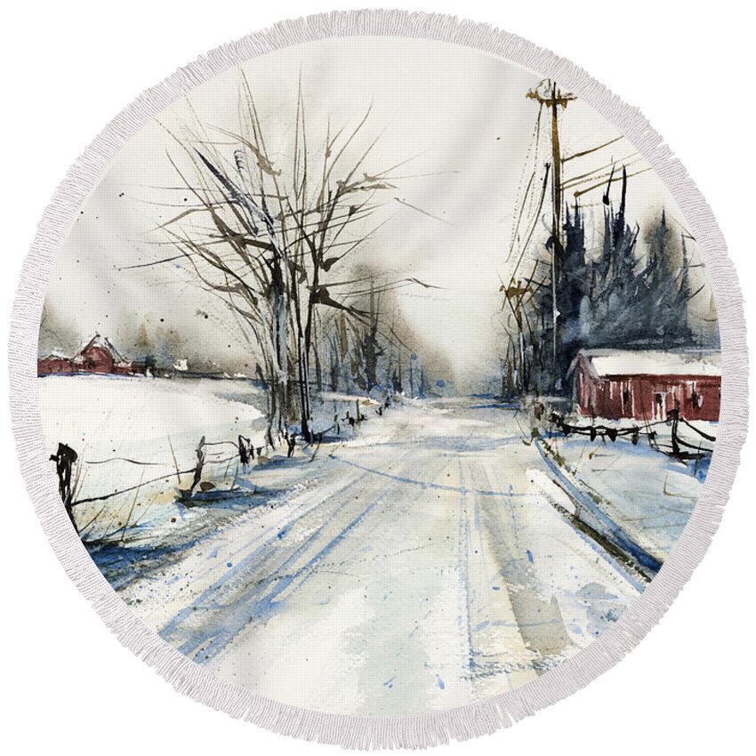 I Took The Back Road Home From The Grocer's That Afternoon. I'm Glad I Did Round Beach Towel featuring the painting Ballina Road by Judith Levins