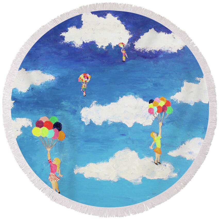 Surrealism Round Beach Towel featuring the painting Balloon Girls by Thomas Blood