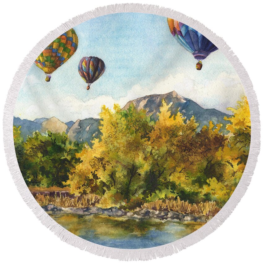 Hot Air Balloons Painting Round Beach Towel featuring the painting Balloons at Twin Lakes by Anne Gifford