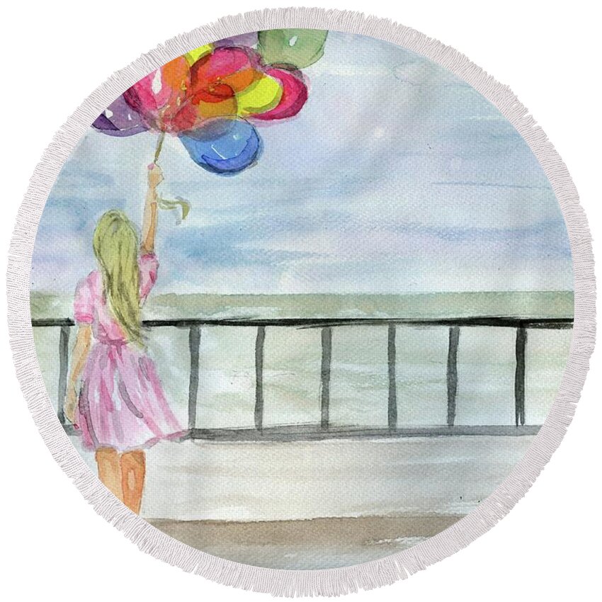 Watercolor Round Beach Towel featuring the painting Baloons by PJ Lewis