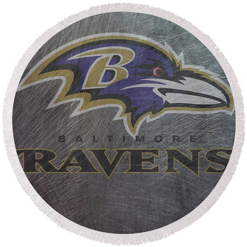 Baltimore Round Beach Towel featuring the mixed media Baltimore Ravens Translucent Steel by Movie Poster Prints