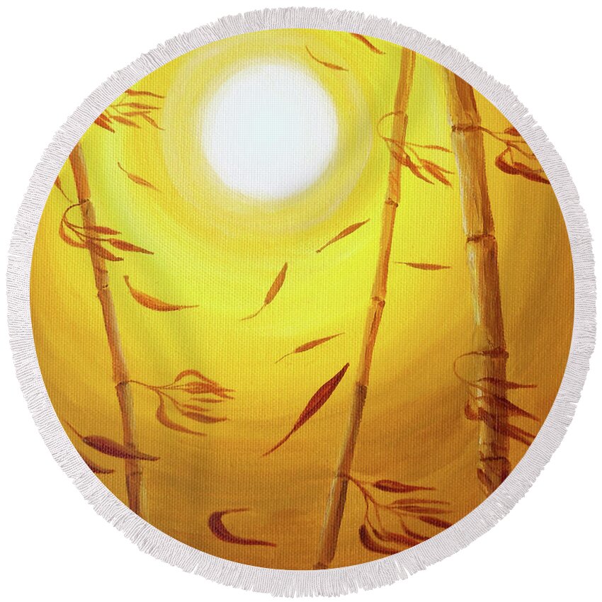 Zen Round Beach Towel featuring the painting Bamboo in the Wind by Laura Iverson