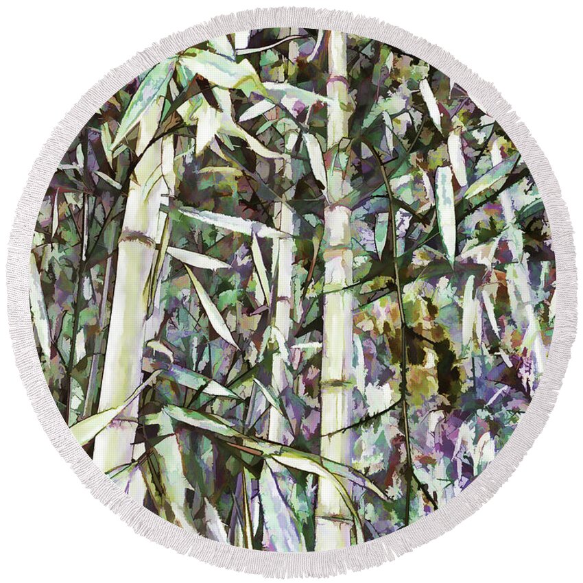 Art Of Bamboo Round Beach Towel featuring the painting Bamboo sprouts forest by Jeelan Clark